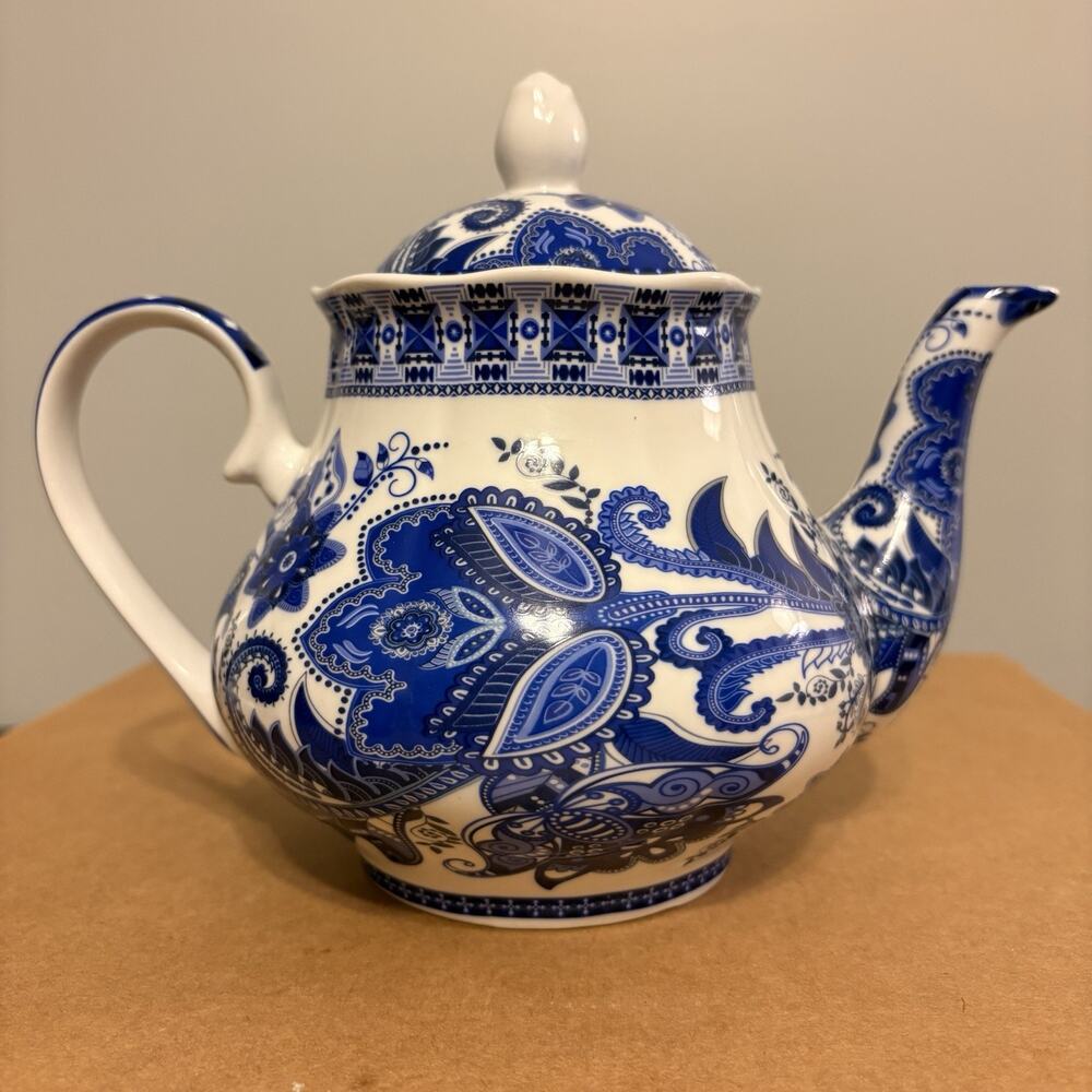 Decorative Kent Pottery Blue And White Floral Paisley Teapot, Lead Pigments